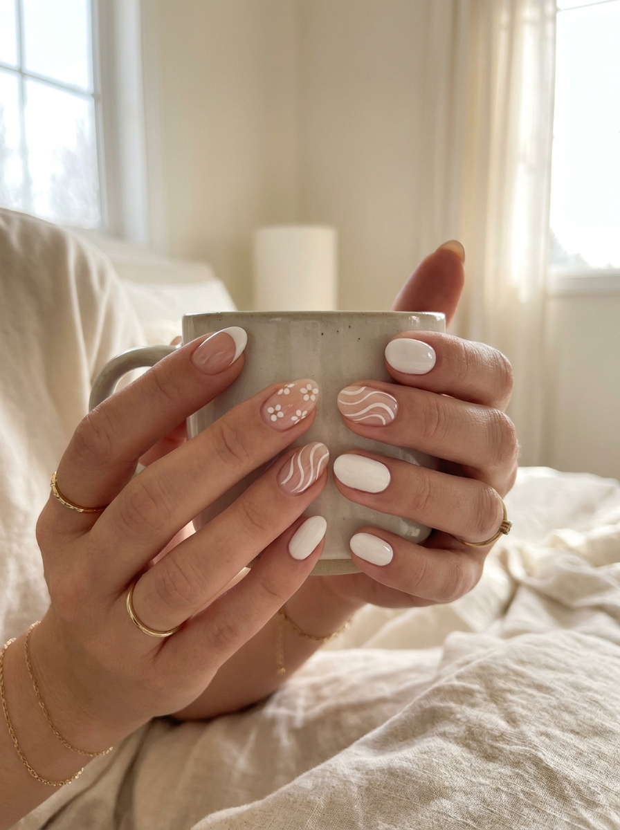 White Mix-and-Match Nails